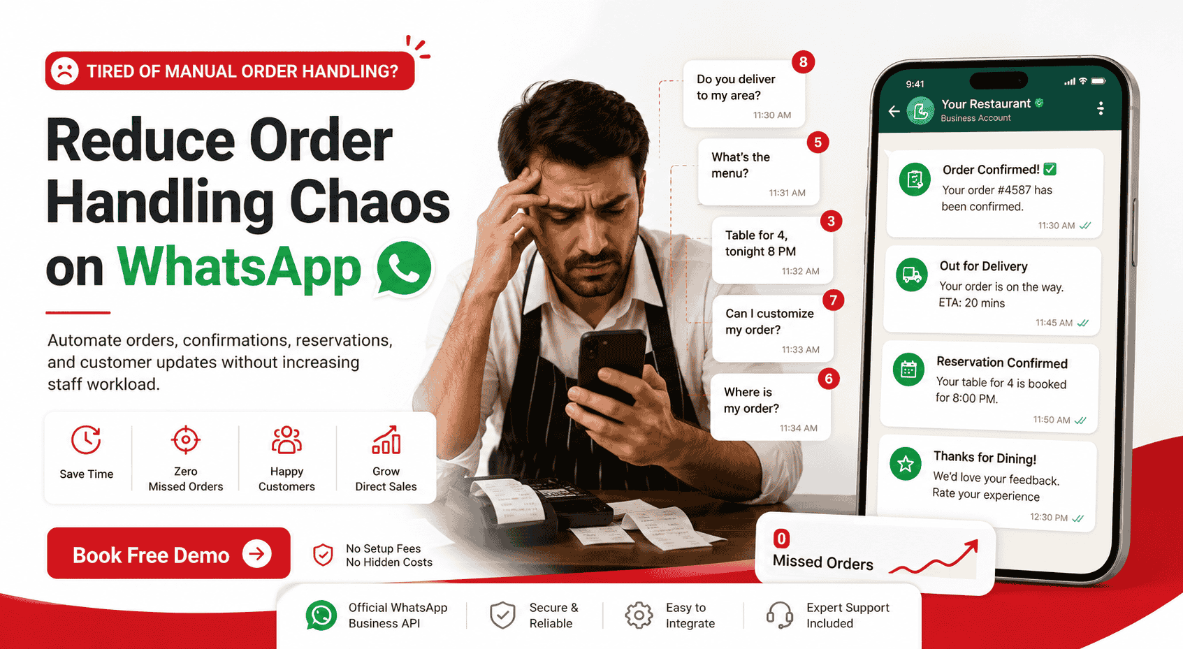 Restaurant owner managing automated WhatsApp orders, reservations, delivery updates, and customer communication using WhatsApp automation for restaurants.